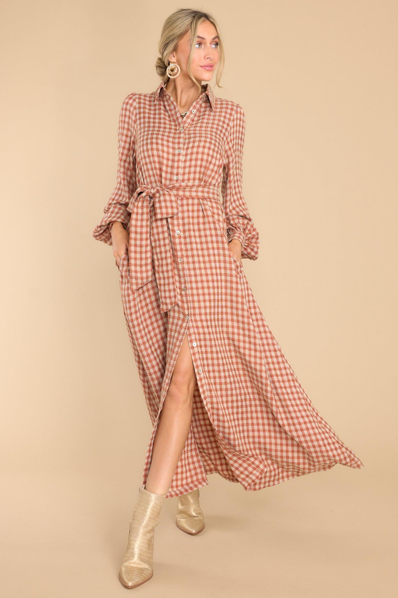 Aura Rustic Elegance Brick Plaid Maxi Dress Brown Product Image