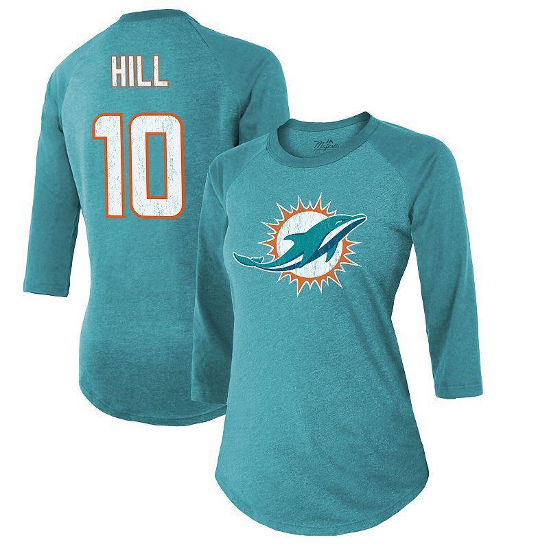 Womens Majestic Threads Tyreek Hill Aqua Miami Dolphins Name & Number Raglan 3/4 Sleeve T-shirt Product Image