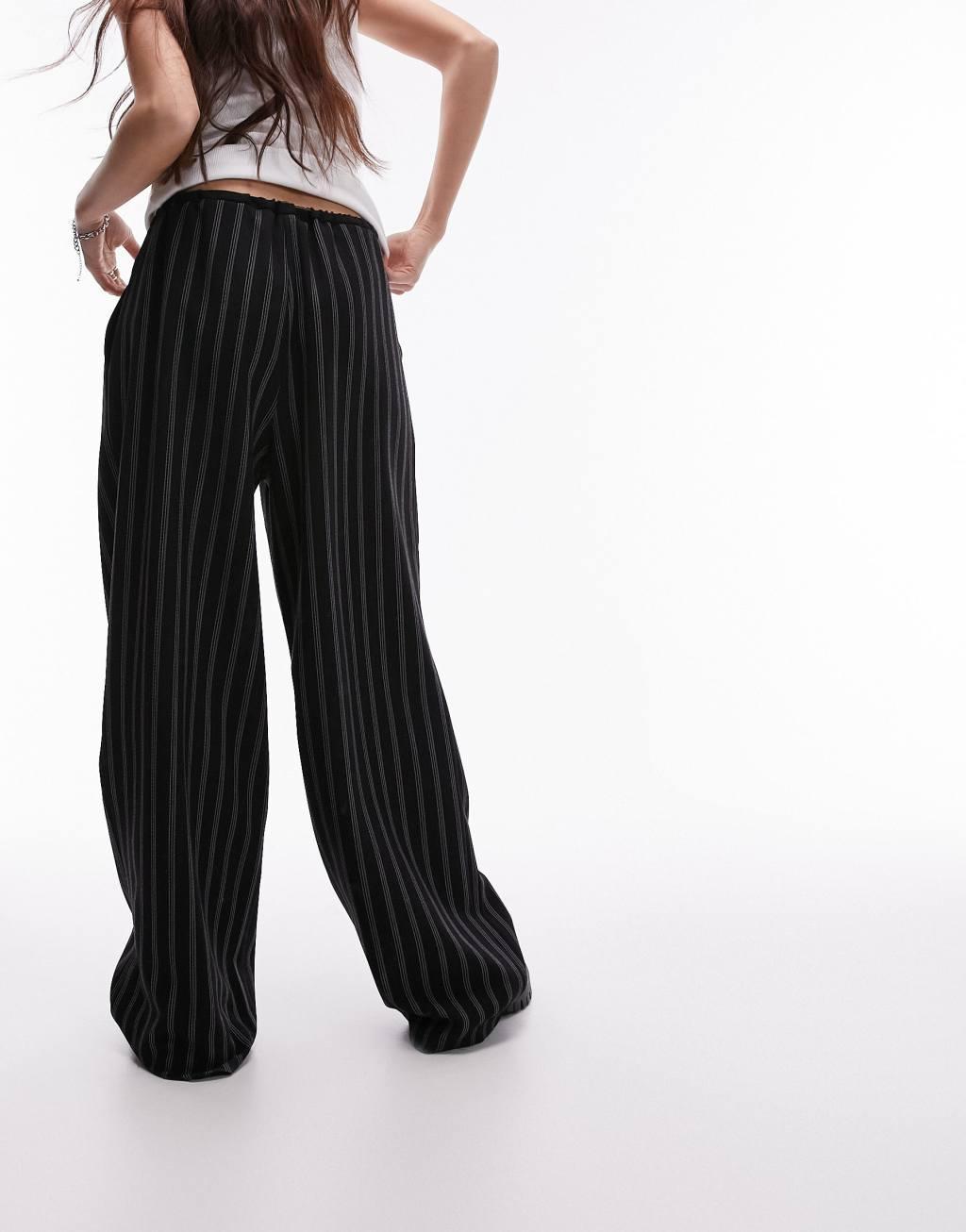 Topshop stripe draw cord waist wide leg sweatpants in black Product Image