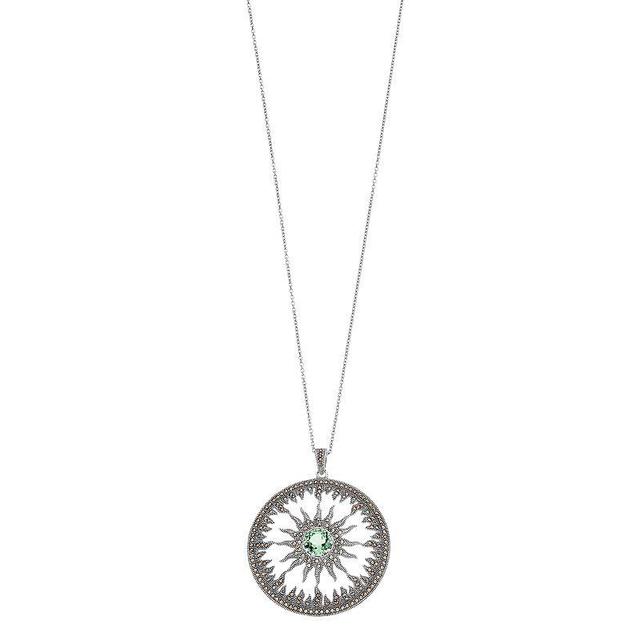 Lavish by TJM Sterling Silver Lab-Created Green Amethyst & Marcasite Solar Medalion Pendant Necklace, Womens Product Image