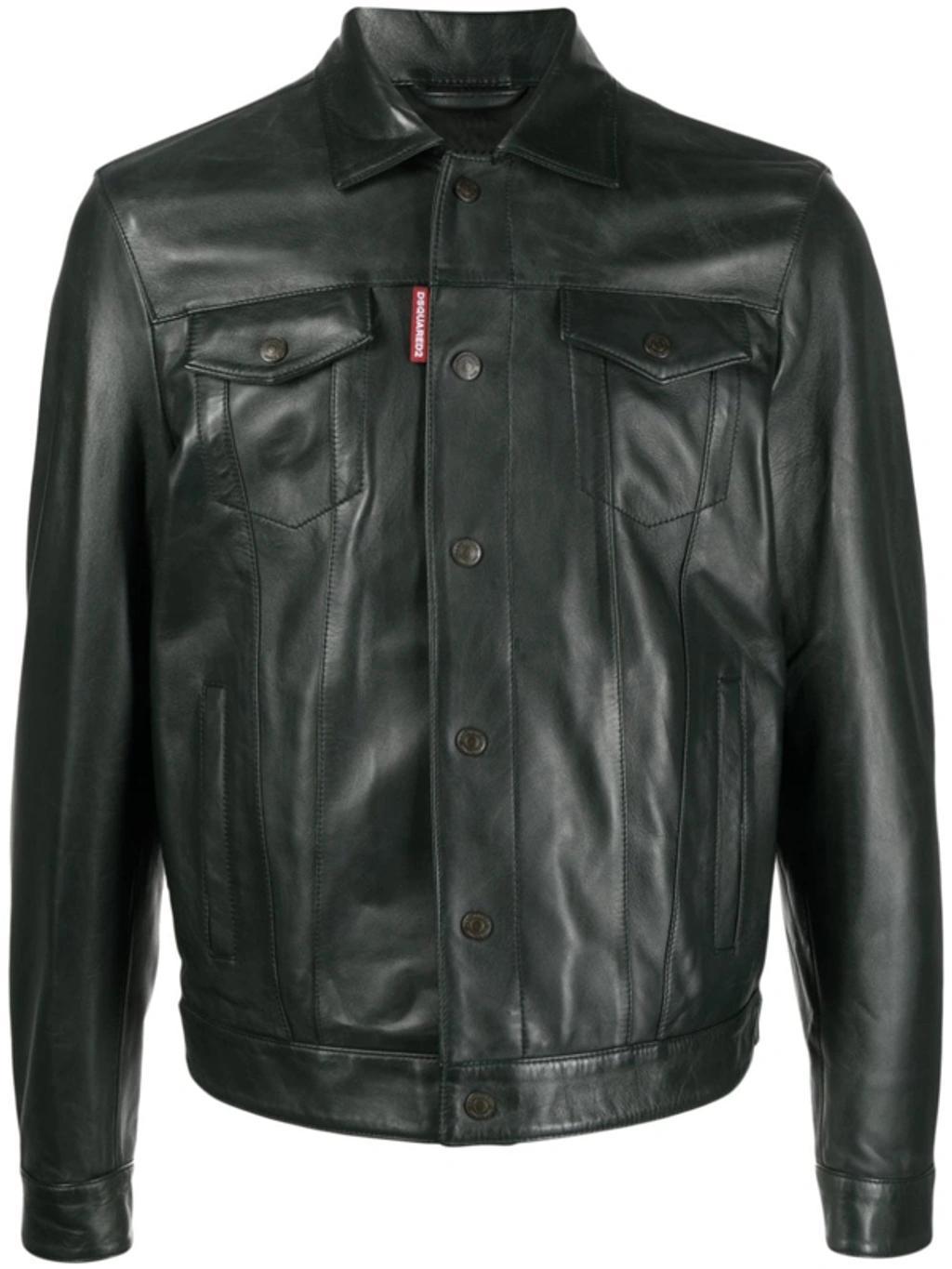 DSQUARED2 Button-up Leather Jacket In Grün Product Image