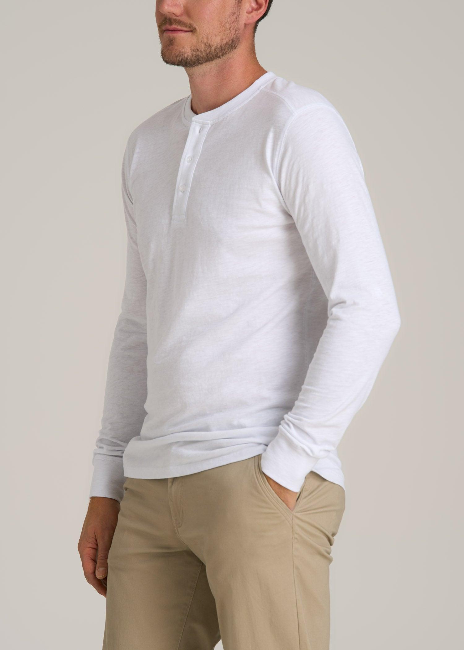 Men's Tall Three Button Long Sleeve Slub Henley in White Product Image