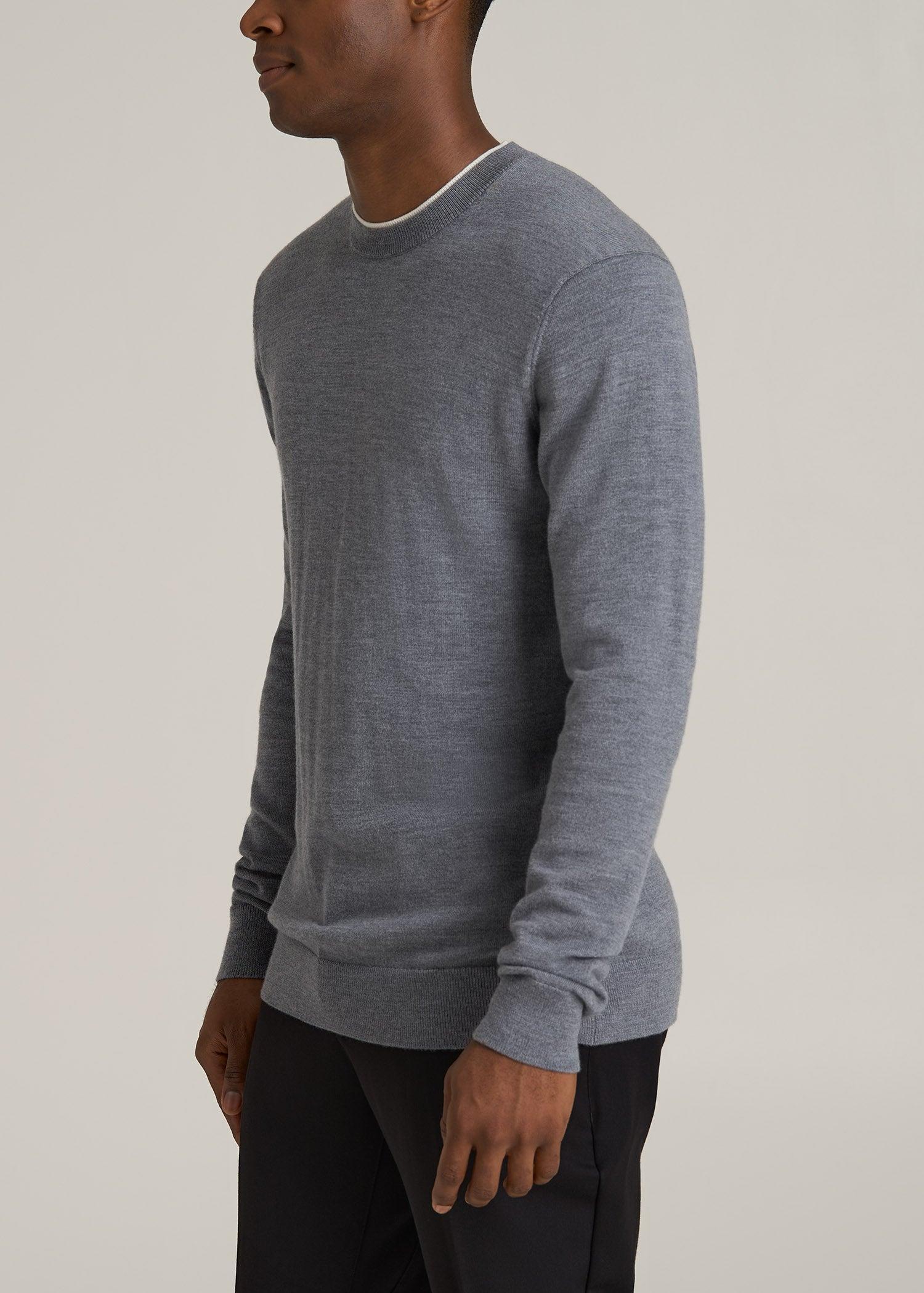 Merino Wool Crewneck Tip Sweater for Tall Men in Grey Mix Male Product Image