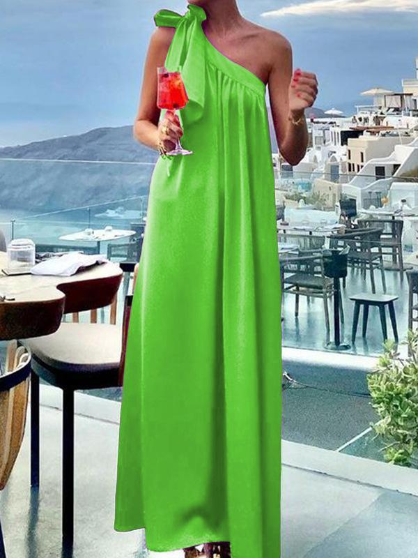 A-Line Loose Asymmetric Pleated Solid Color Tied One-Shoulder Maxi Dresses Product Image