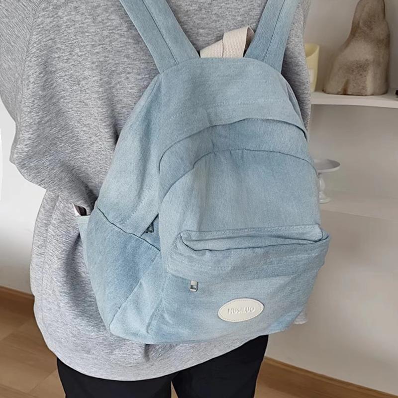 Applique Washed Denim Multi-Pocket Backpack Product Image