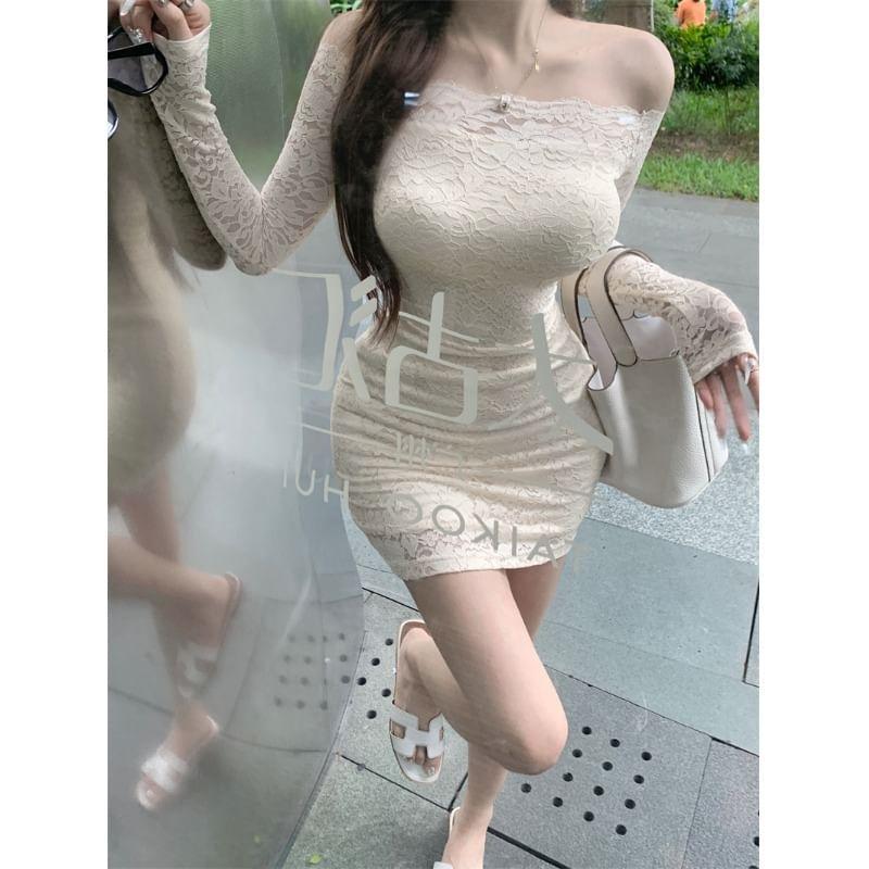 Long Sleeve Off Shoulder Plain Lace Mini Sheath Dress Product Image