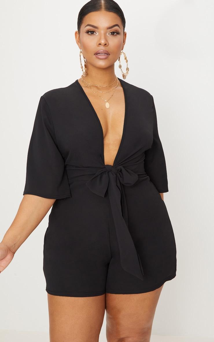 Plus Black Tie Waist Romper Product Image