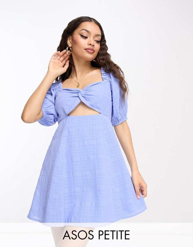 ASOS DESIGN Petite knot front mini dress in check textured in blue Product Image