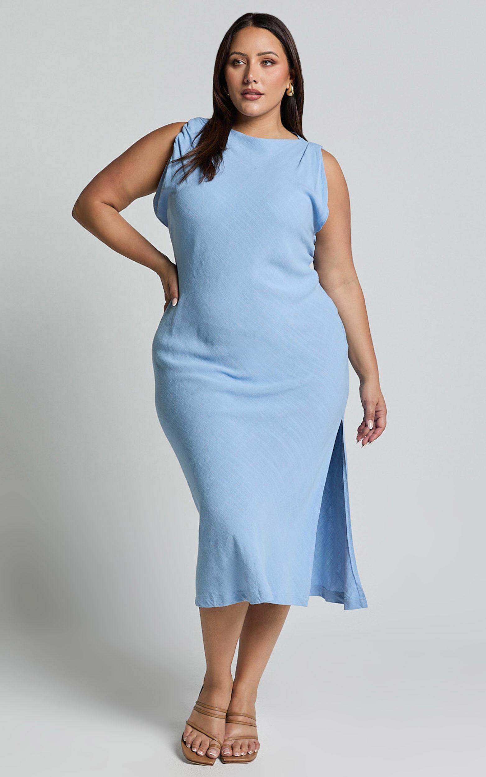 Jessenia Midi Dress - Linen Look High Neck Dress in Blue Product Image