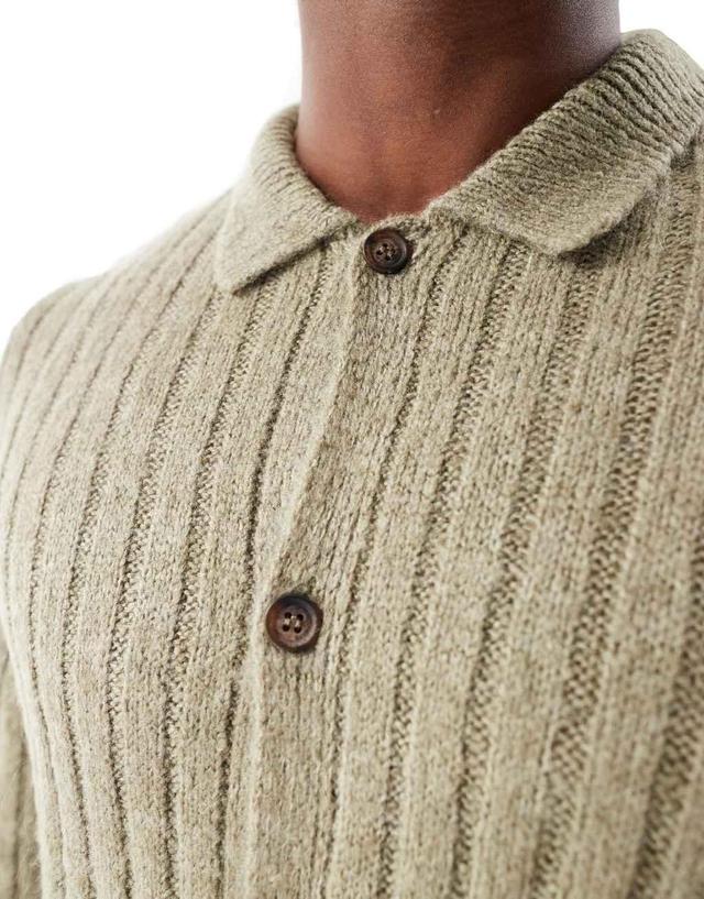 ASOS DESIGN brushed ribbed knitted collar cardigan in khaki Product Image