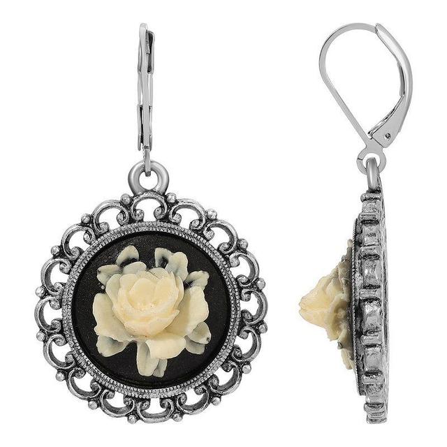 1928 Silver Tone Black & Cream Flower Cameo Drop Earrings, Womens Product Image