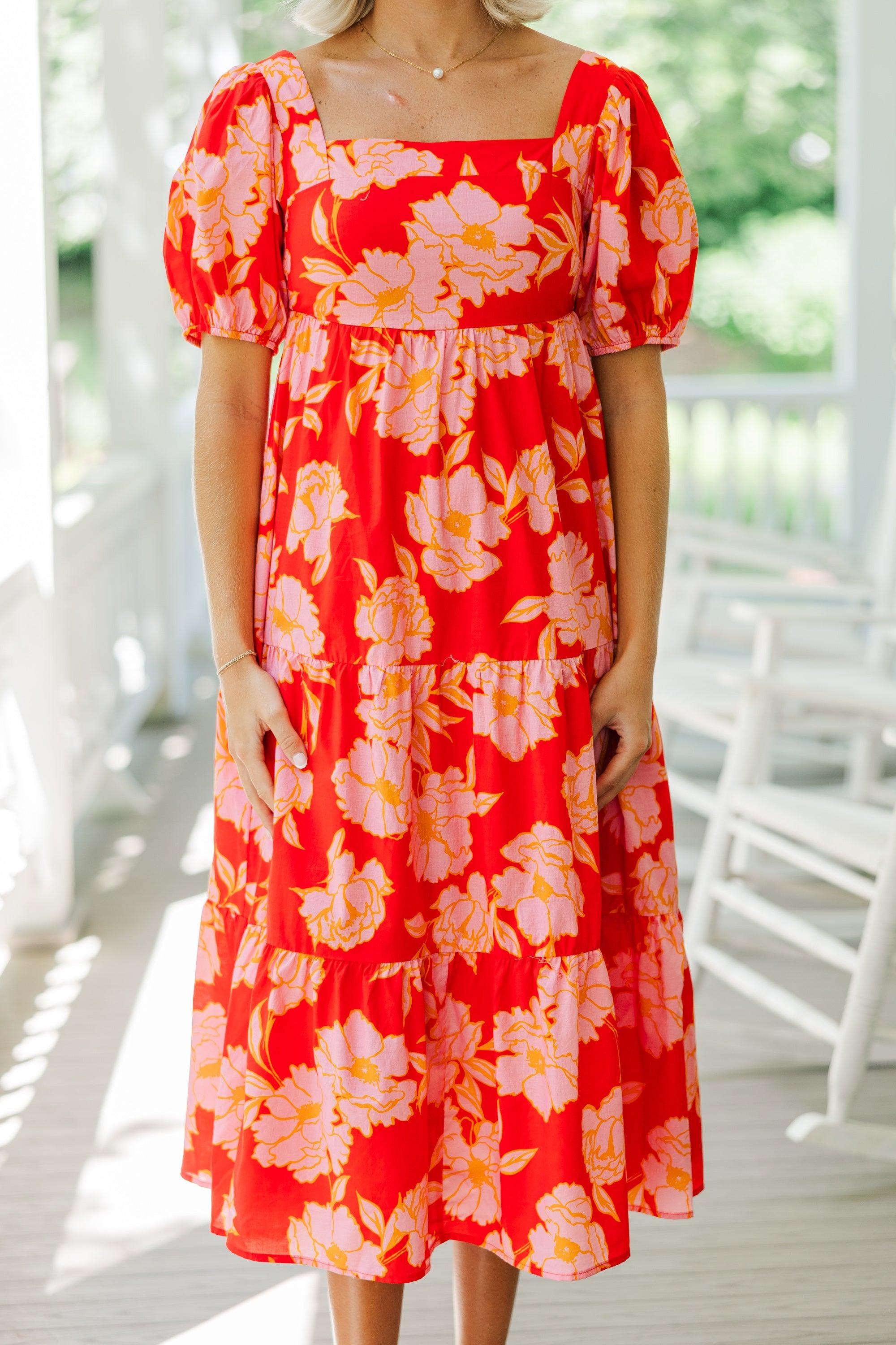 Think About It Red Floral Midi Dress Female Product Image