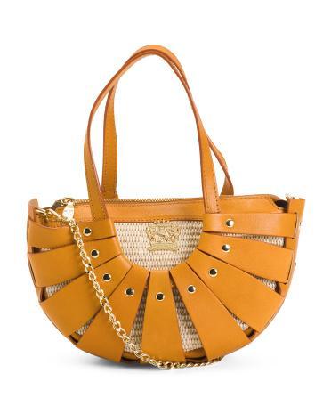 Leather And Straw Small Cord Fan Crossbody for Women product image