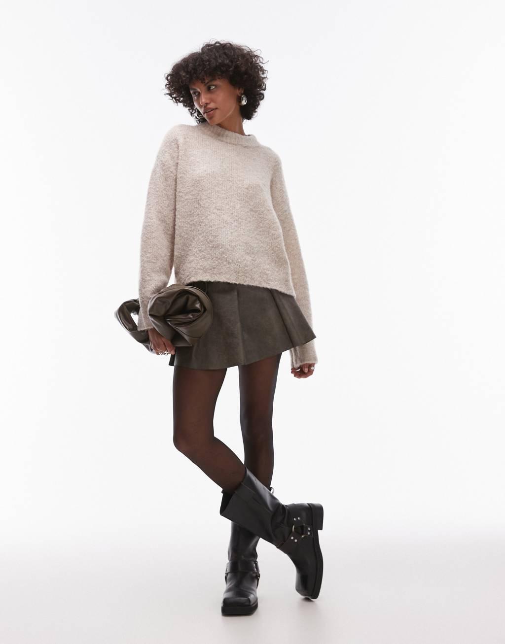 Topshop knitted boucle crew sweater in stone Product Image