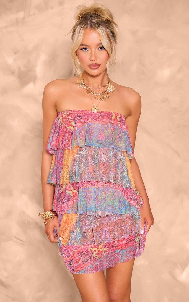 Multi Patchwork Printed Bandeau Mesh Rara Mini Dress Product Image