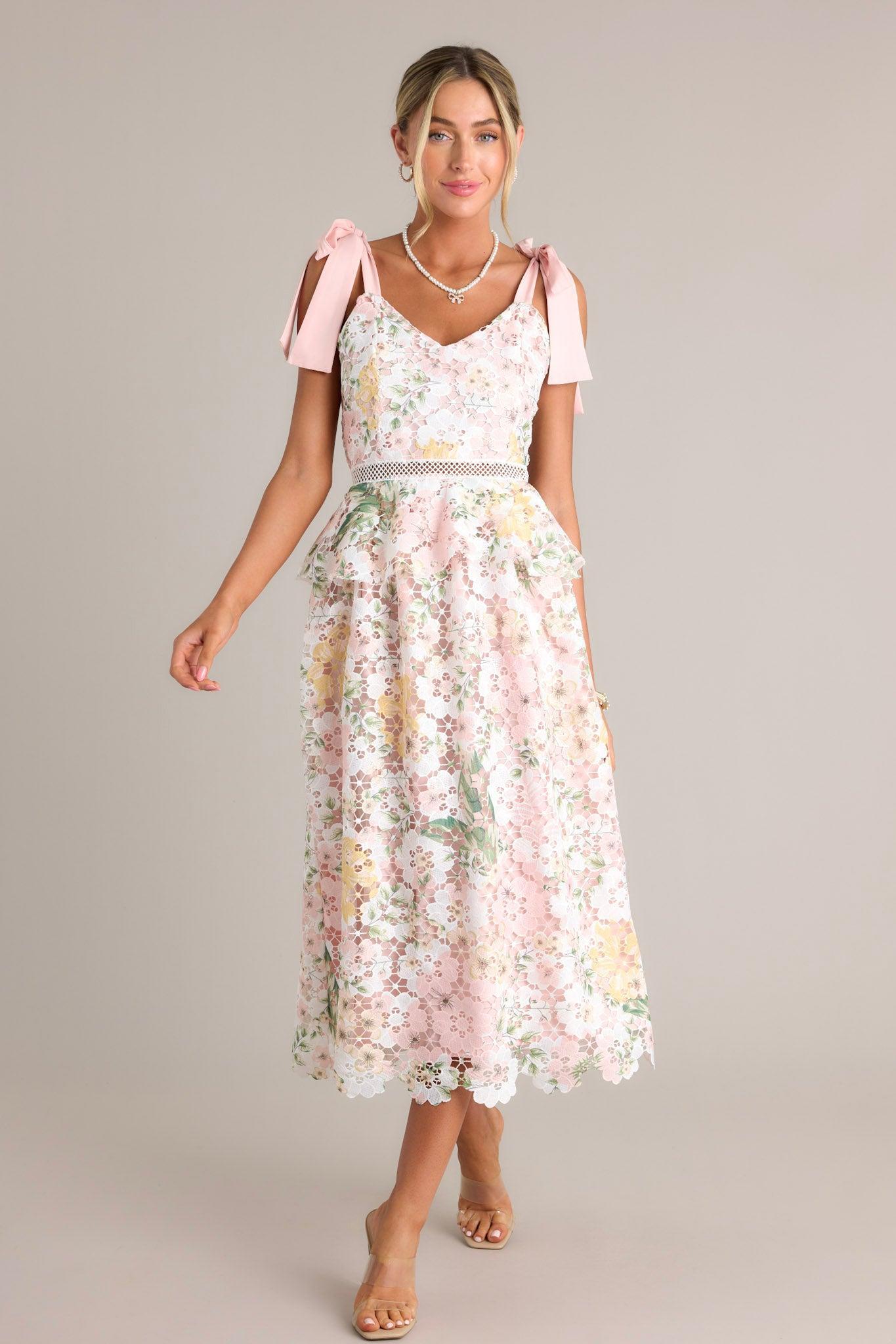 Remembering Spring Peach Lace Floral Midi Dress Product Image