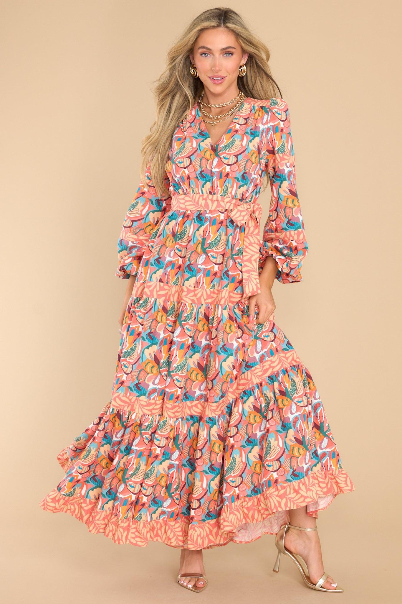 Aura Just Follow Me Coral Floral Print Maxi Dress Product Image