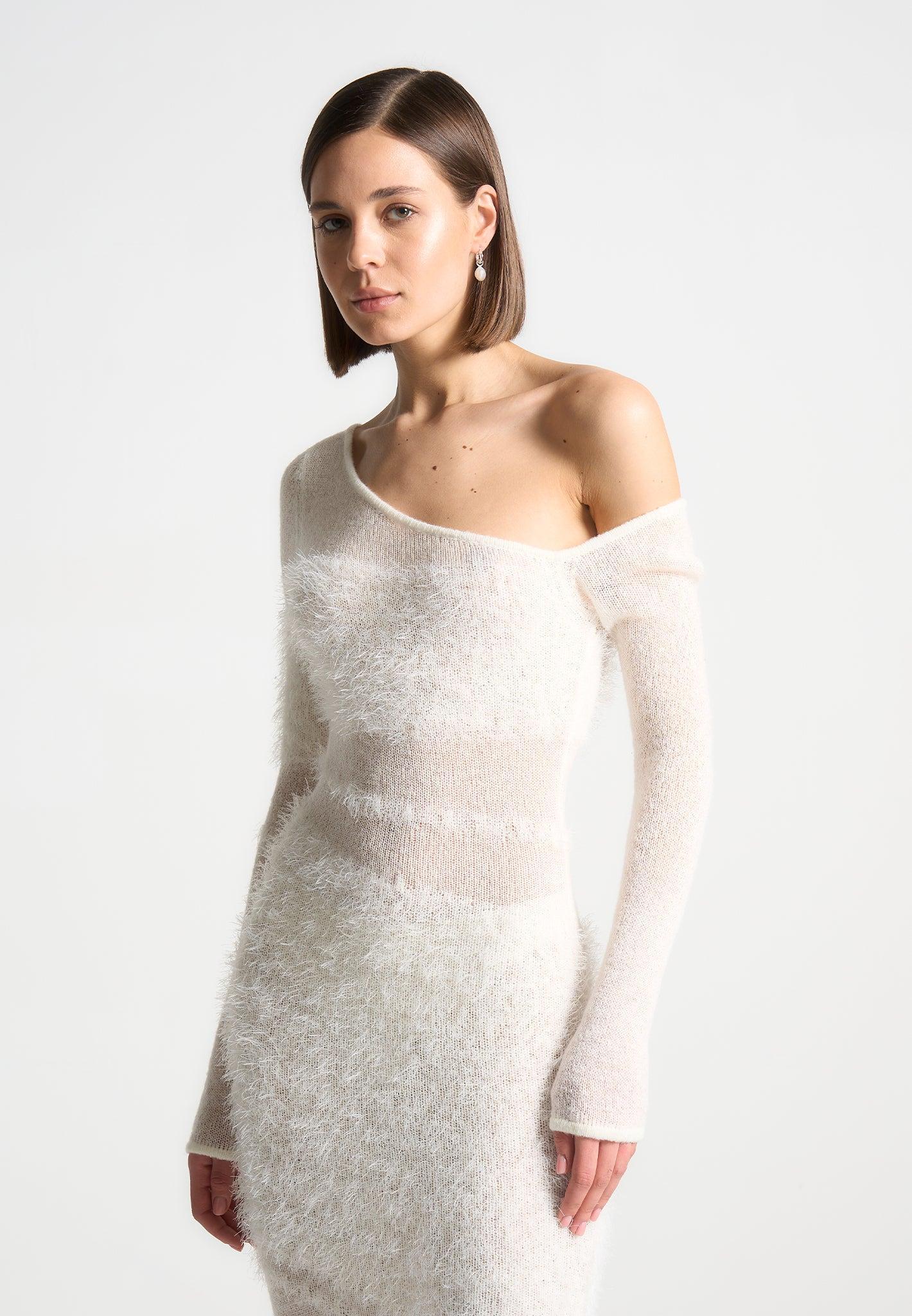 Off Shoulder Knitted Maxi Dress - Off White Female Product Image