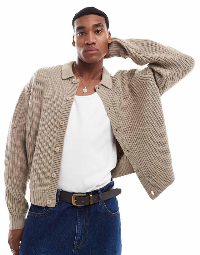 ASOS DESIGN oversized heavyweight knitted wool mix button through cardigan in taupe Product Image