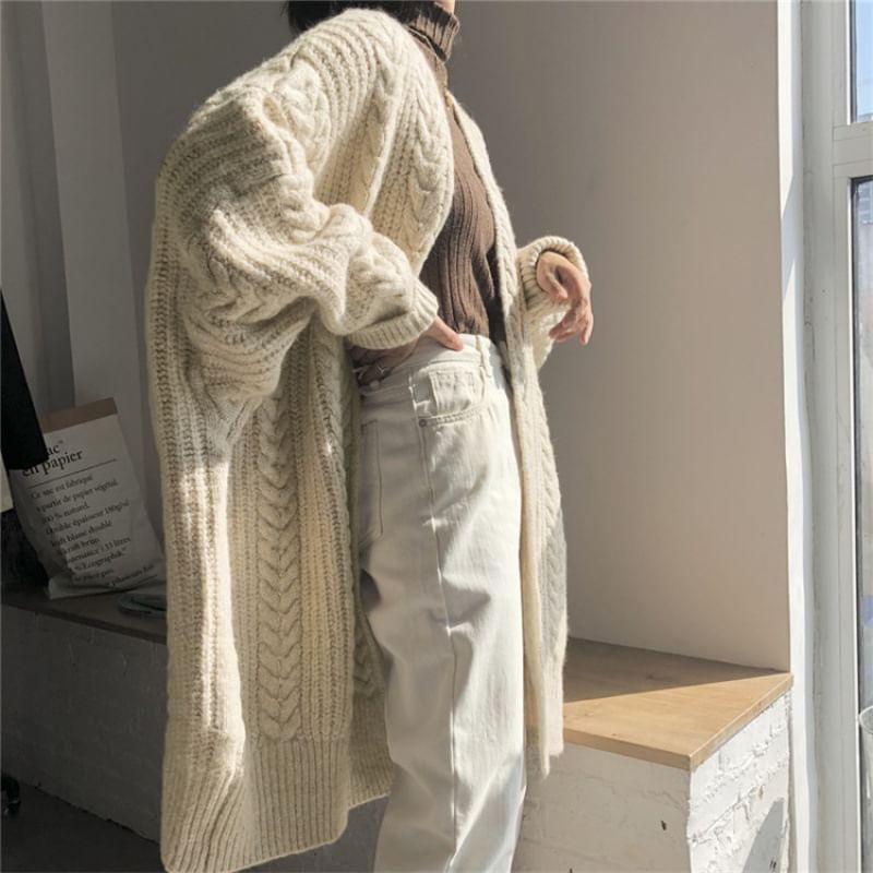 Cable Knit Long Open Front Cardigan Product Image