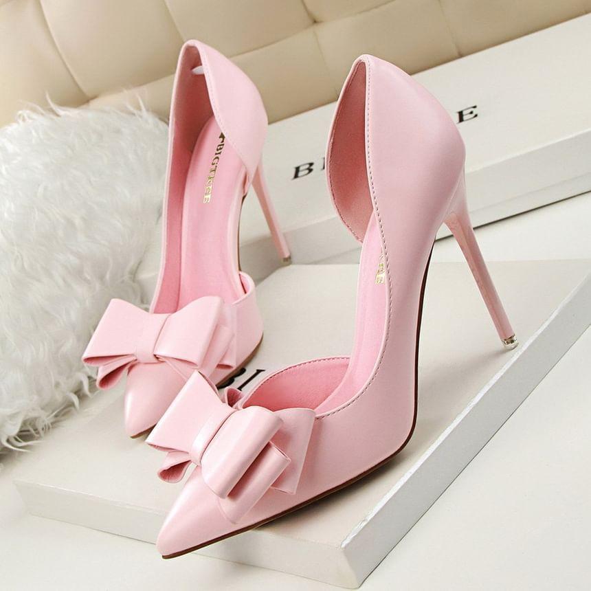 Stiletto Pointed Toe Plain Bow Accent Faux Leather D'Orsay Pumps product image