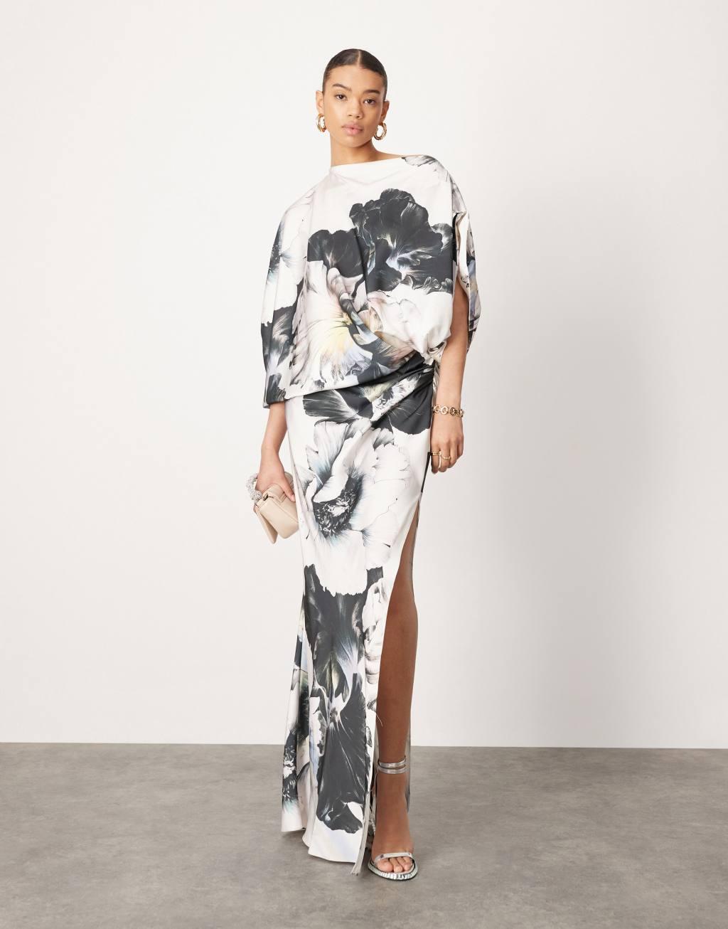 ASOS EDITION satin oversized one sleeve maxi dress in large floral print Product Image