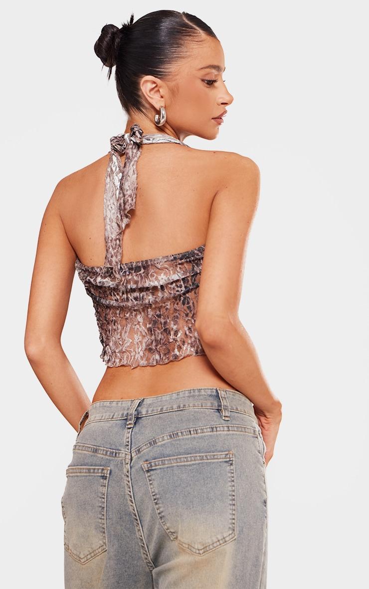 Petite Brown Crushed Lace Halterneck Crop Top Product Image