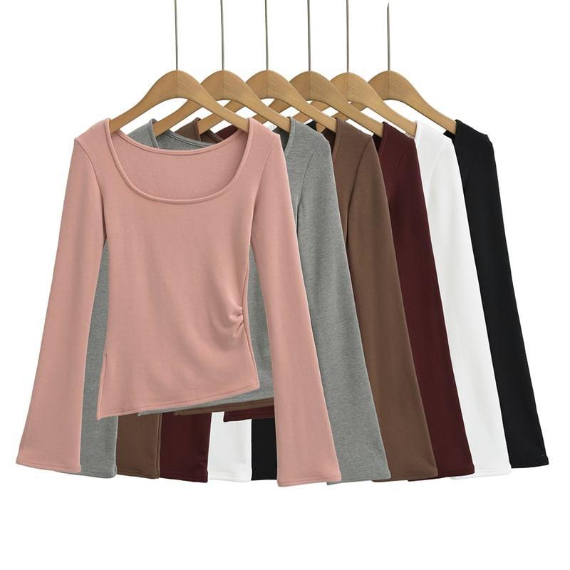 Long Sleeve Scoop Neck Plain Ruched T-Shirt Product Image