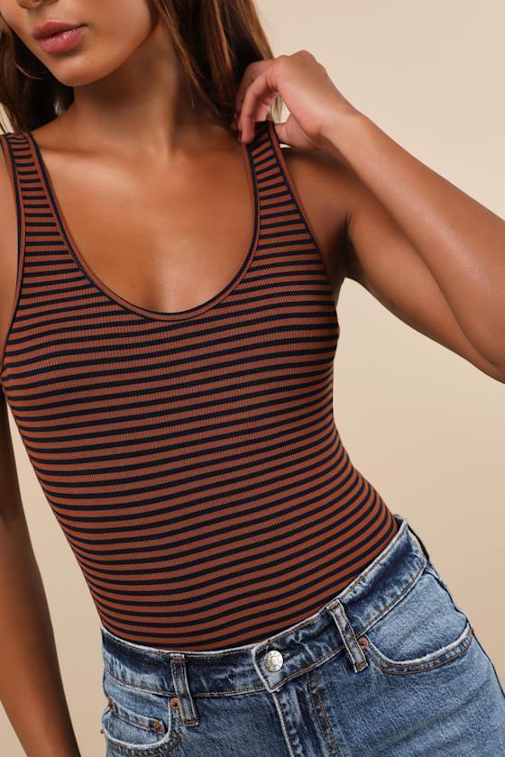 Keep It Classic Brown and Navy Striped V-Neck Bodysuit Product Image