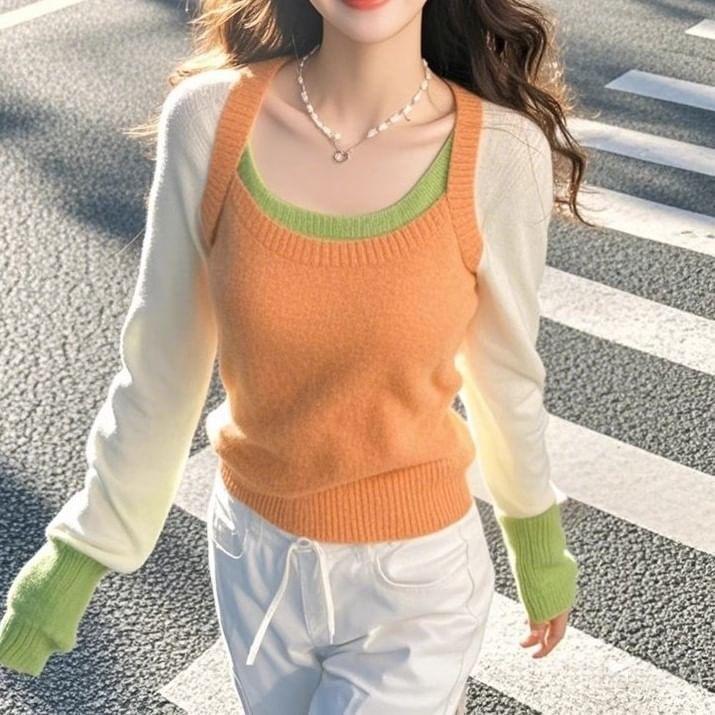 Long-Sleeve Scoop Neck Mock Two-Piece Color Block Knit Top Product Image