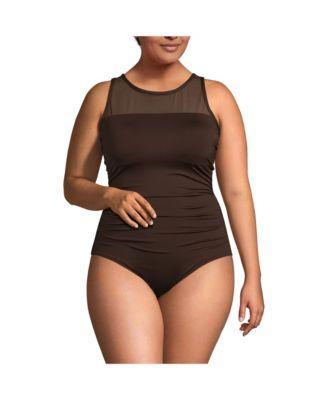 Plus Size Chlorine Resistant Smoothing Control Mesh High Neck One Piece Swimsuit Product Image