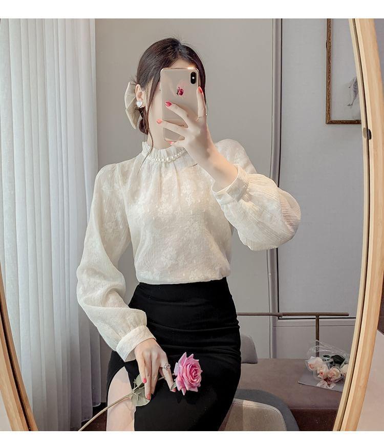 Long-Sleeve Floral Faux Pearl Lace Blouse Product Image