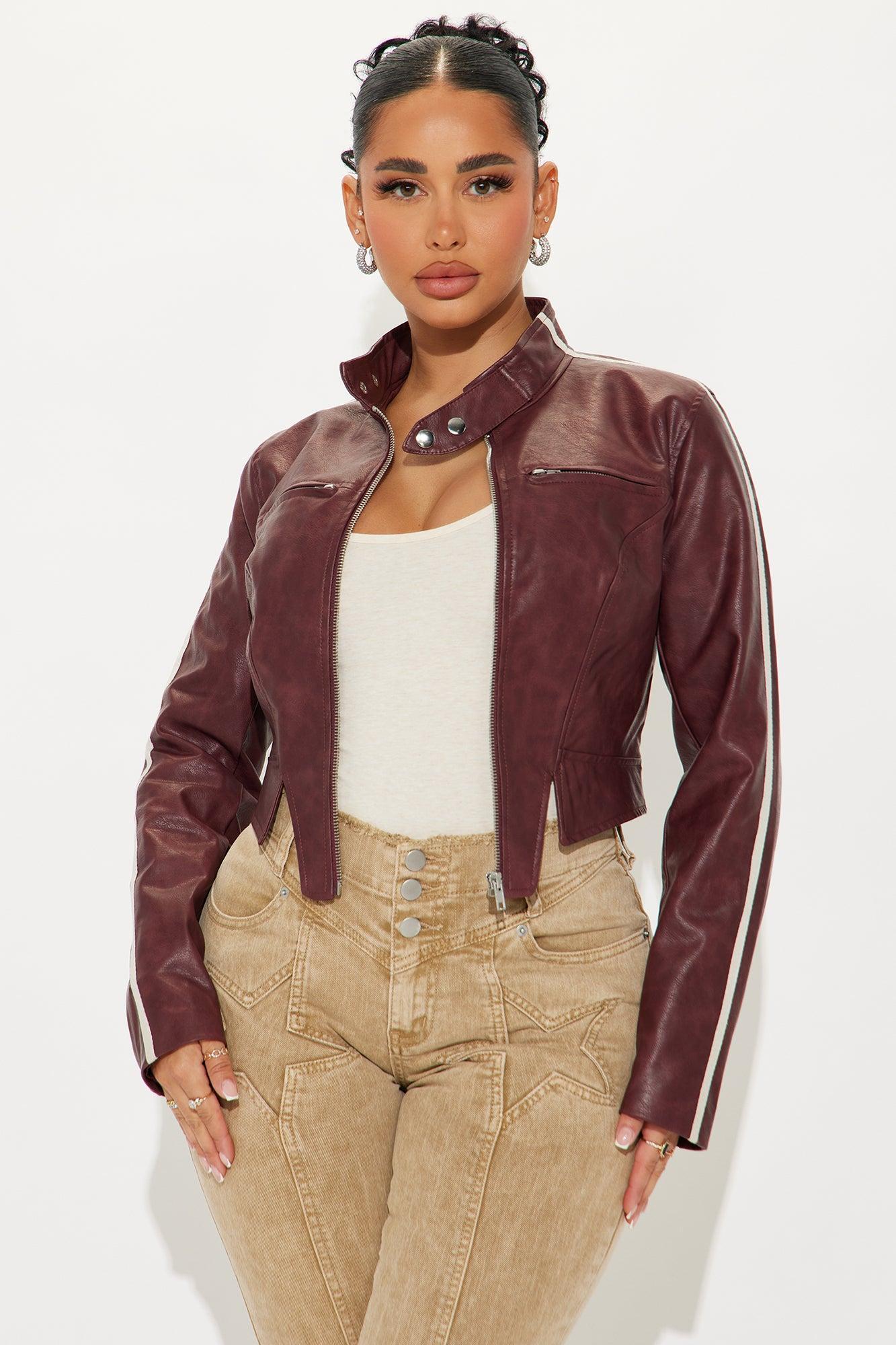 Makena Lace Up Washed Faux Leather Jacket - Burgundy Product Image