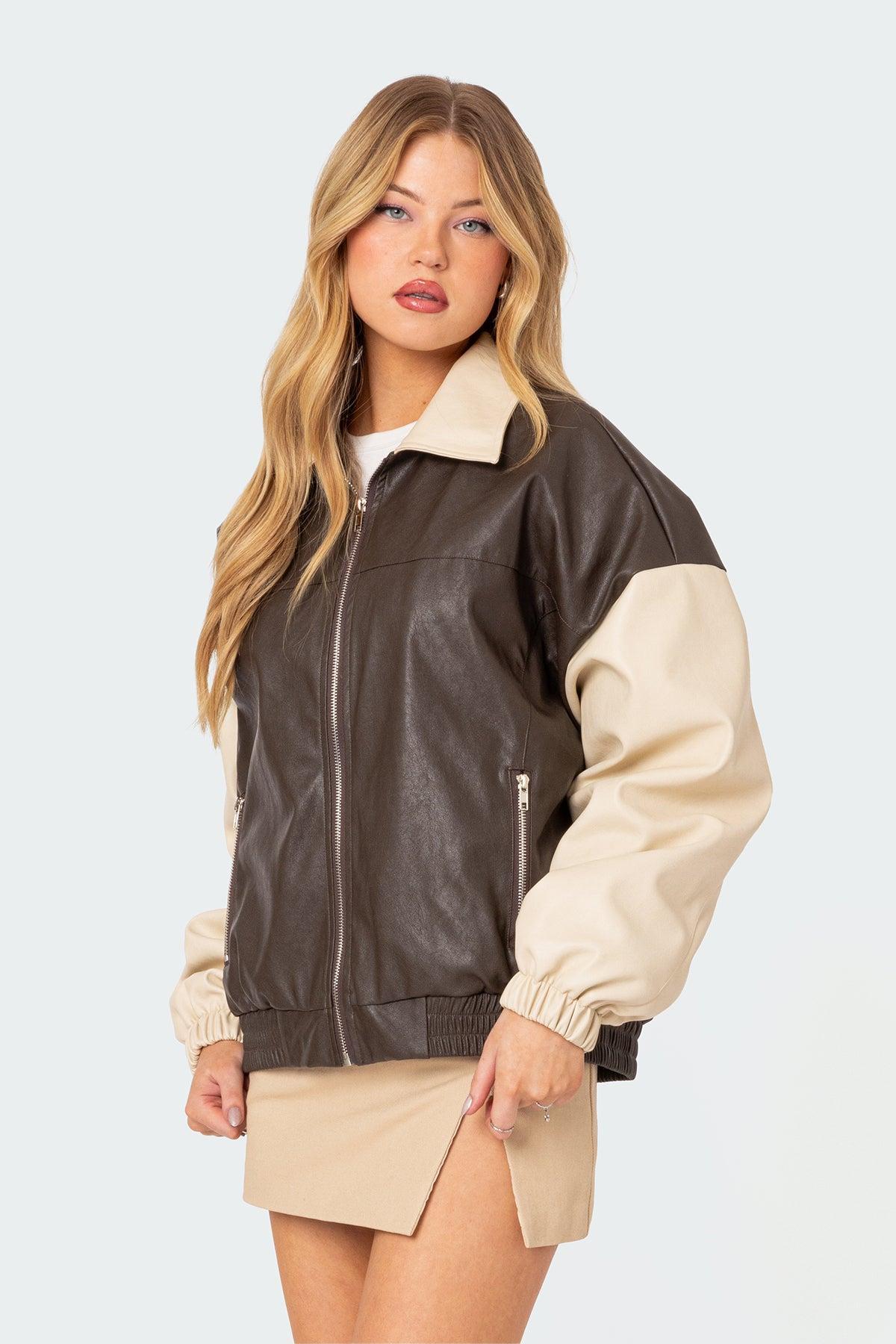 Two Tone Faux Leather Bomber Jacket Product Image