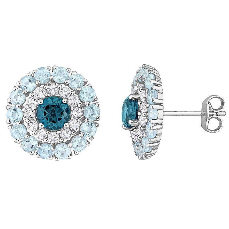 Stella Grace Sterling Silver Blue Topaz & White Topaz Double Halo Stud Earrings, Womens Product Image