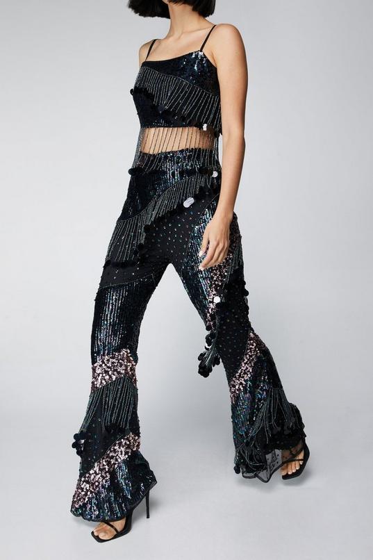 Sequin Beaded Tassel Flare Pants Product Image