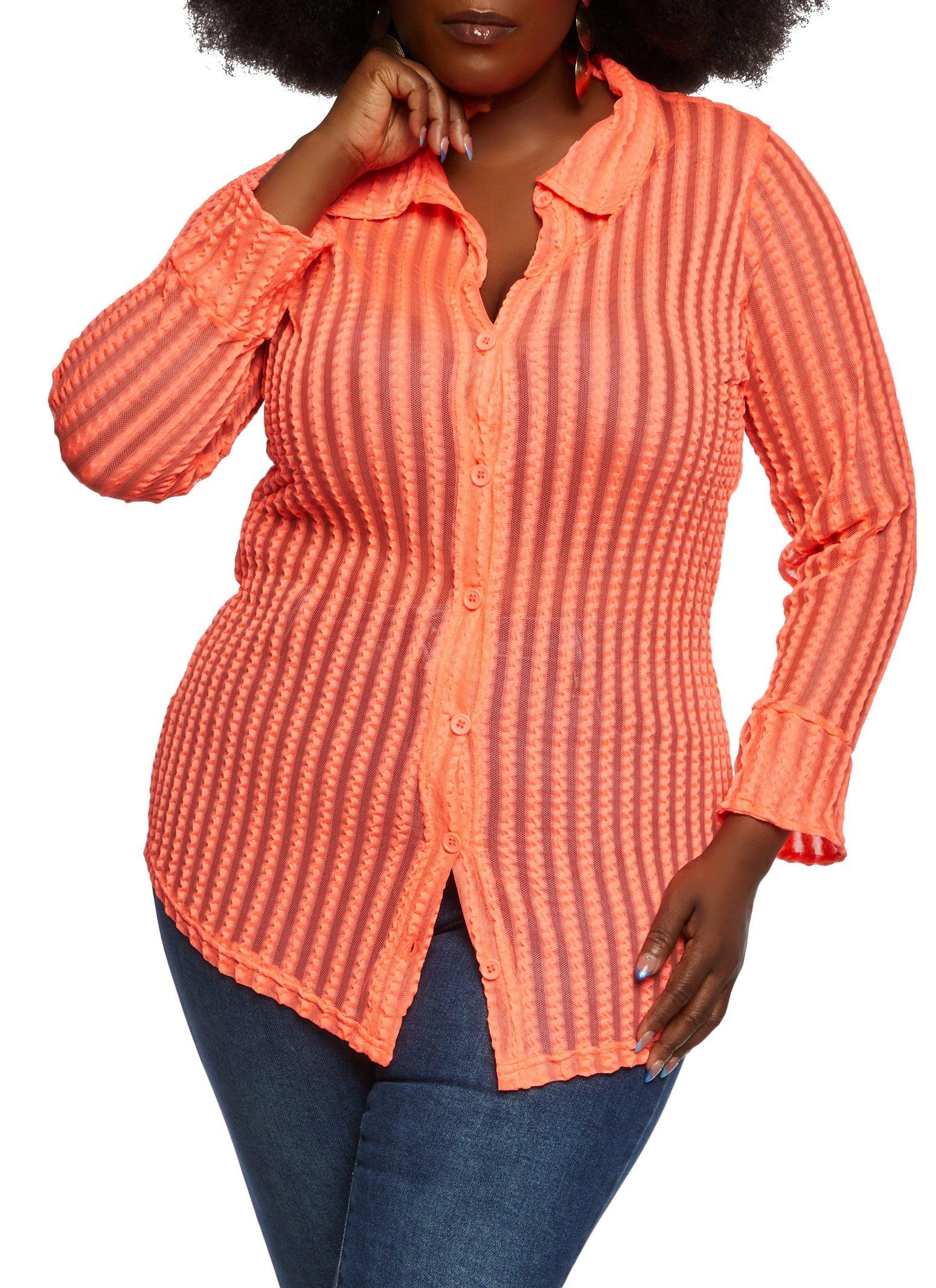 Womens Plus Size Striped Mesh Detail Button Front Shirt Product Image