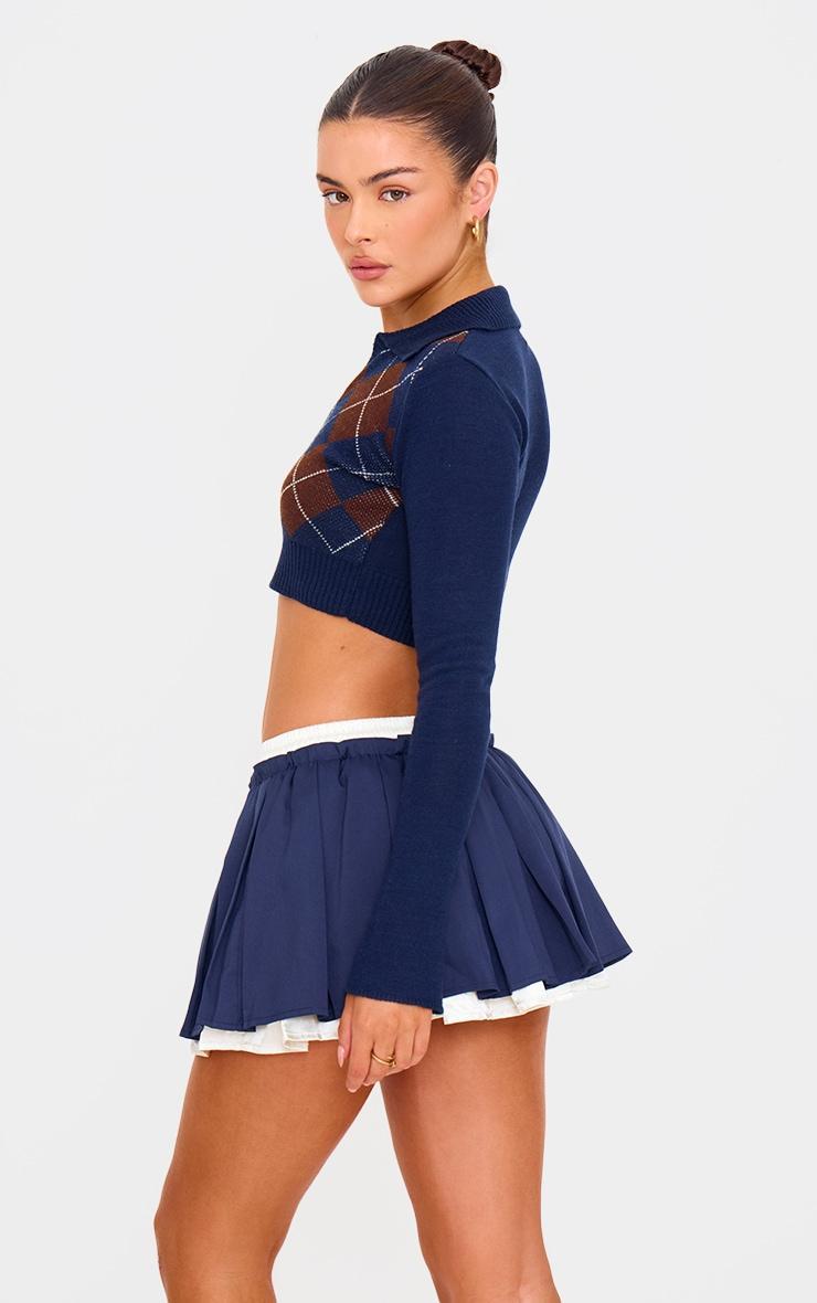 Navy Argyle Jacquard Knitted Collar Detail Cropped Sweater Product Image