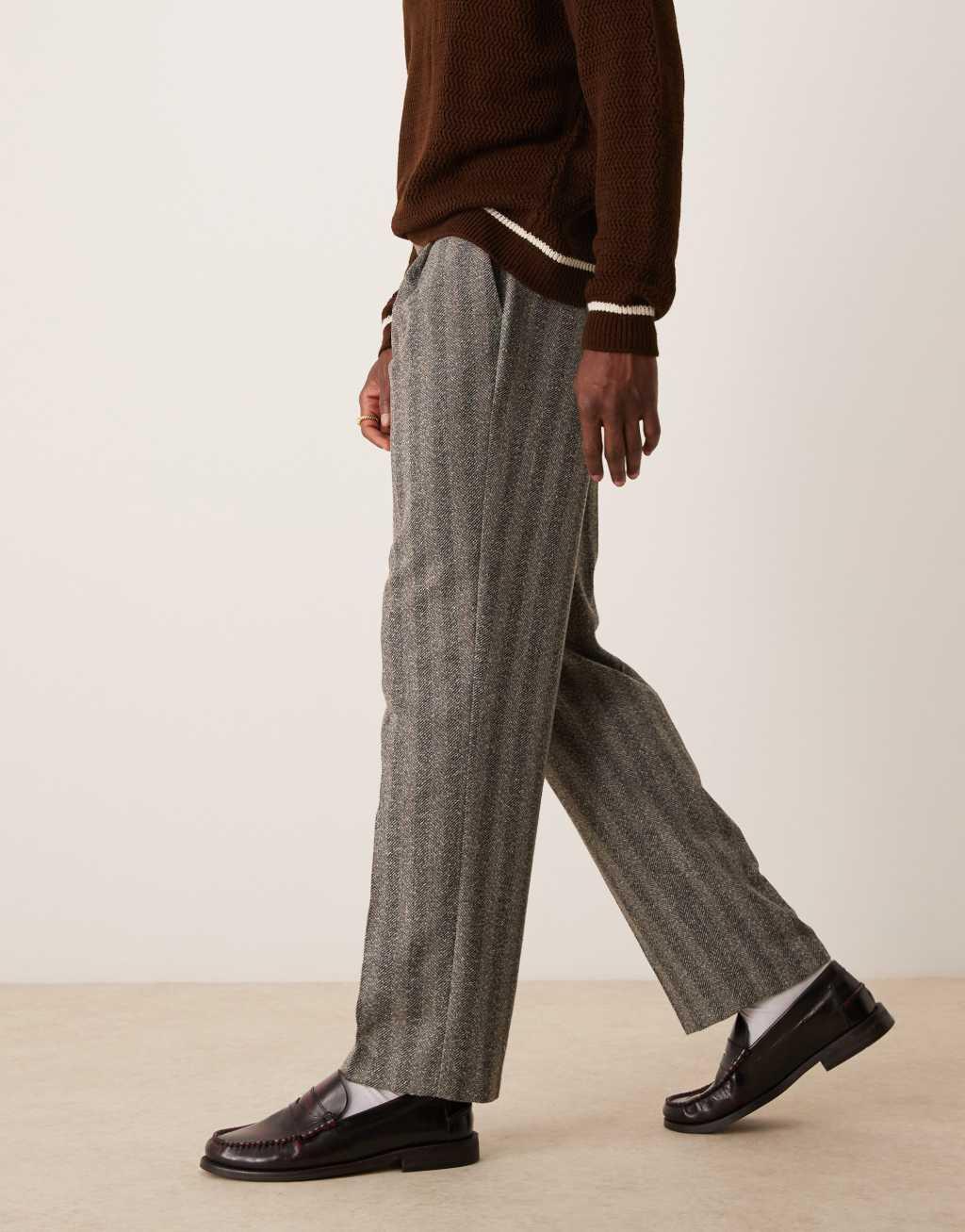 ASOS DESIGN smart wool mix straight leg textured pants with front pleats in gray product image