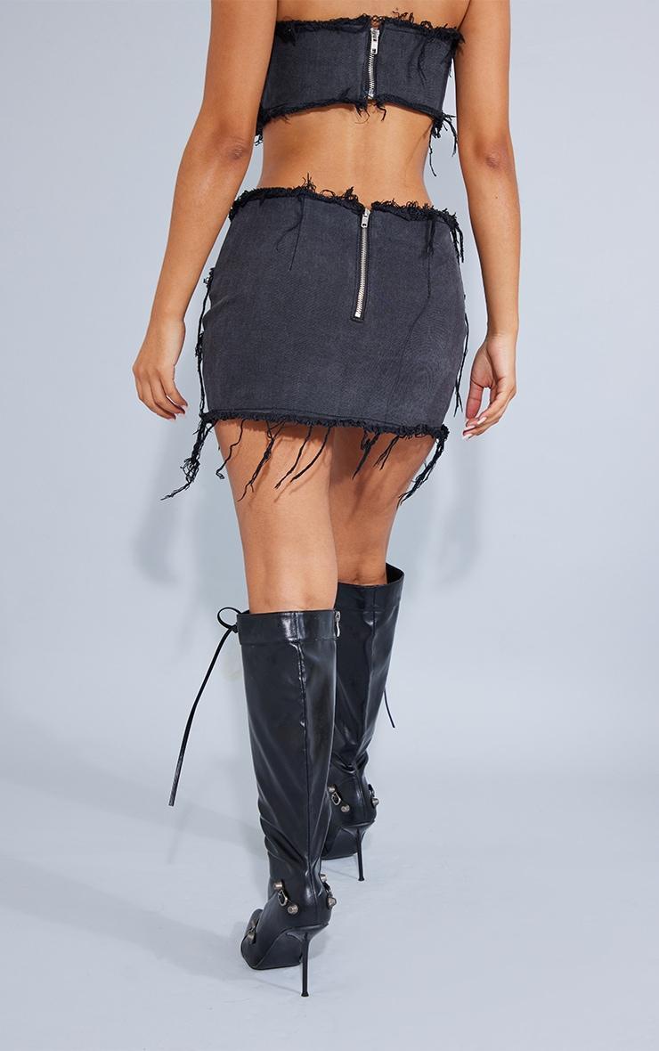 Petite Washed Black Distressed Panel Belted Denim Mini Skirt Product Image