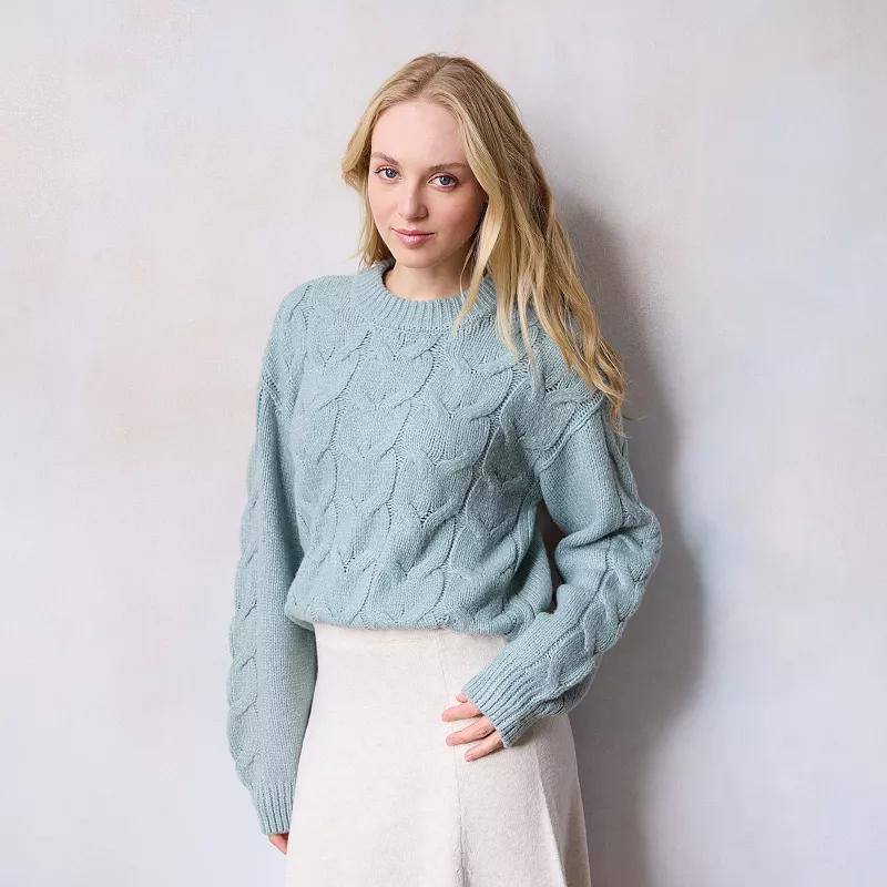 Womens LC Lauren Conrad Cable Knit Crewneck Sweater Eucalyptus Green Product Image