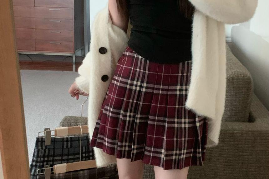 High Rise Plaid Mini Pleated Skirt Product Image