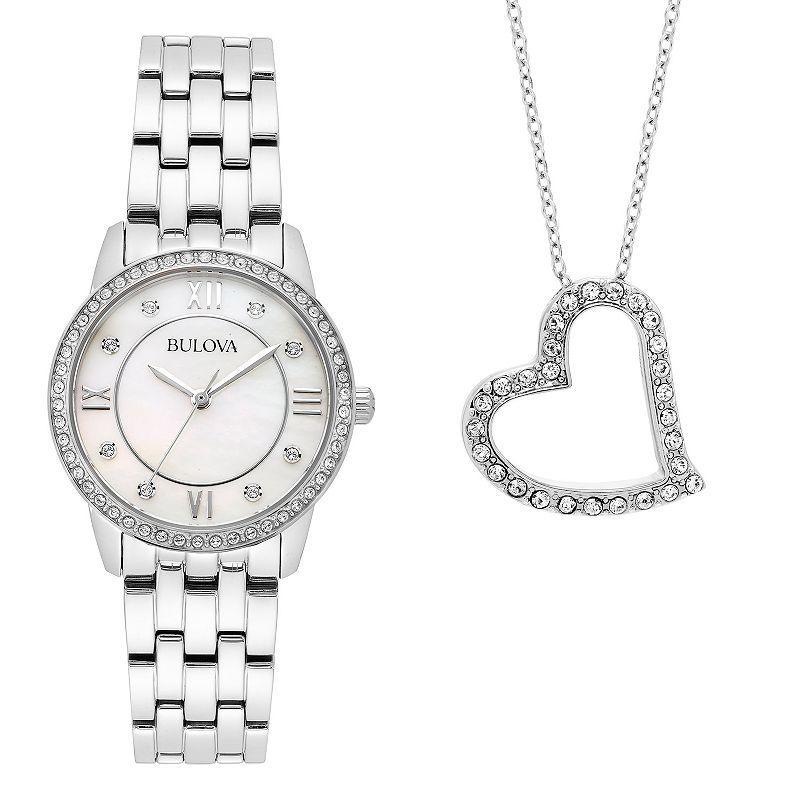 Womens Bulova Crystal Watch & Heart Necklace Gift Set - 96X155 Silver Product Image