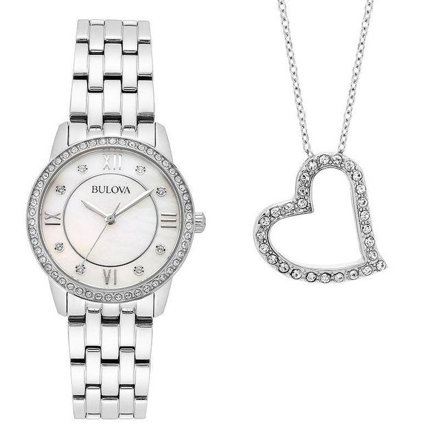 Womens Bulova Crystal Watch & Heart Necklace Gift Set - 96X155 Silver Product Image