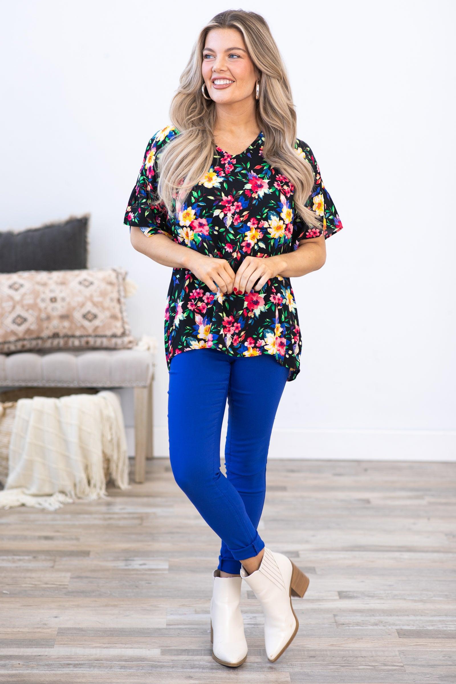 Black Multicolor Floral Print V-Neck Top Product Image