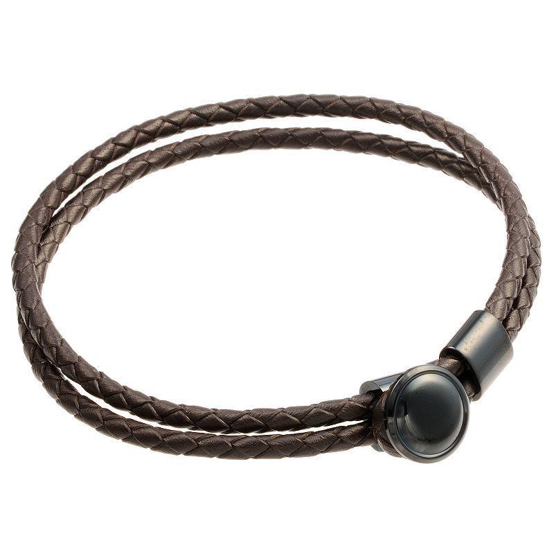 Mens LYNX Black Ion-Plated Stainless Steel Brown Leather Bracelet Product Image