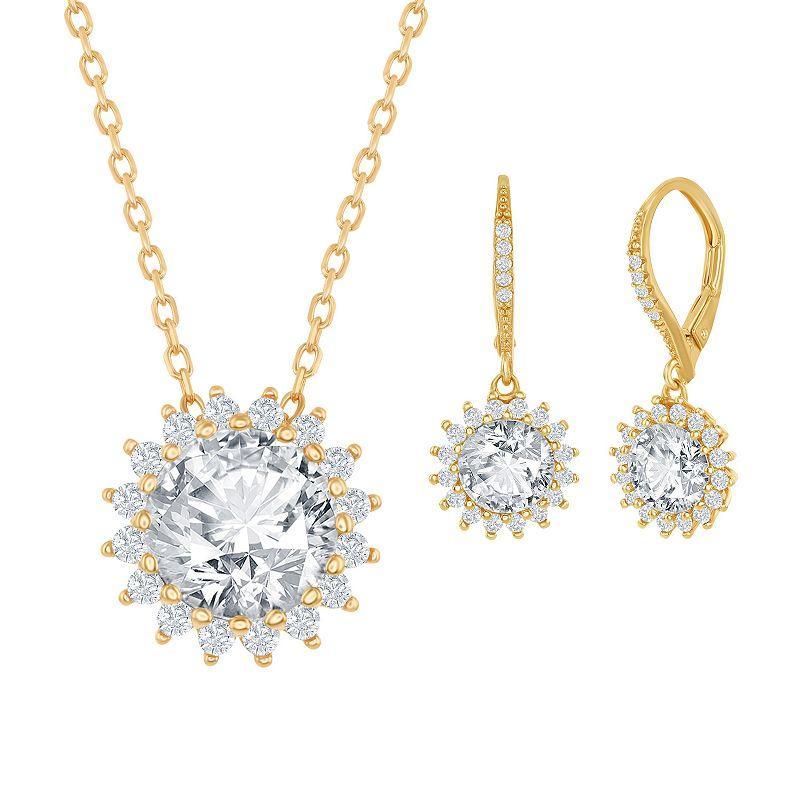 Sterling Silver Cubic Zirconia Sunburst Necklace & Earring Set, Womens, Gold Tone Product Image