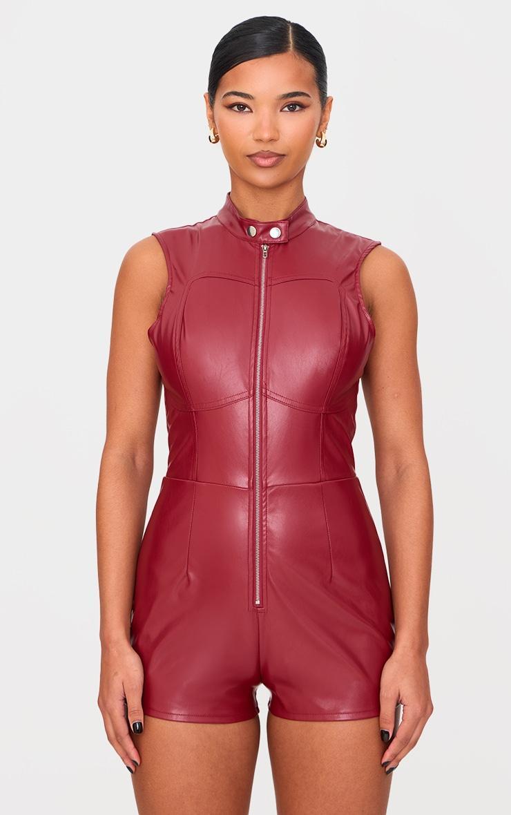 Burgundy Faux Leather Zip Up Sleeveless Romper product image