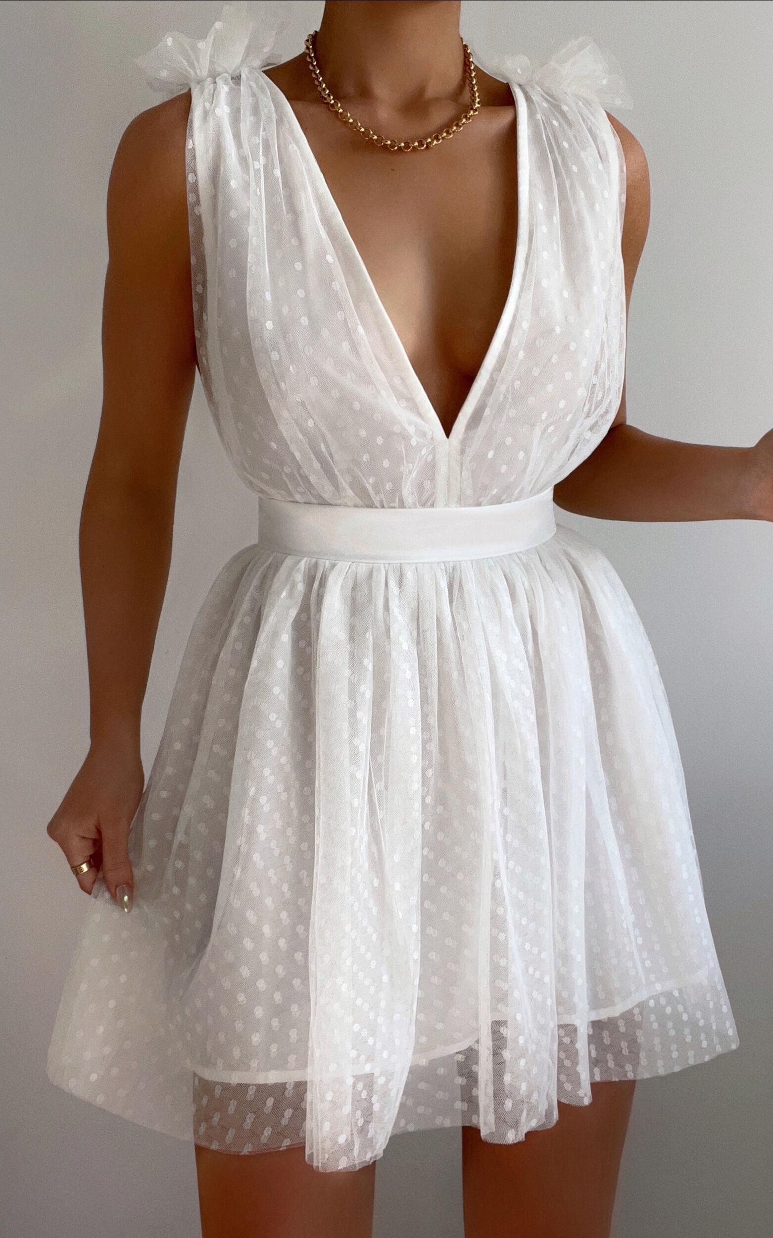 Mariabella Mini Dress - Tulle Plunge Dress in White product image