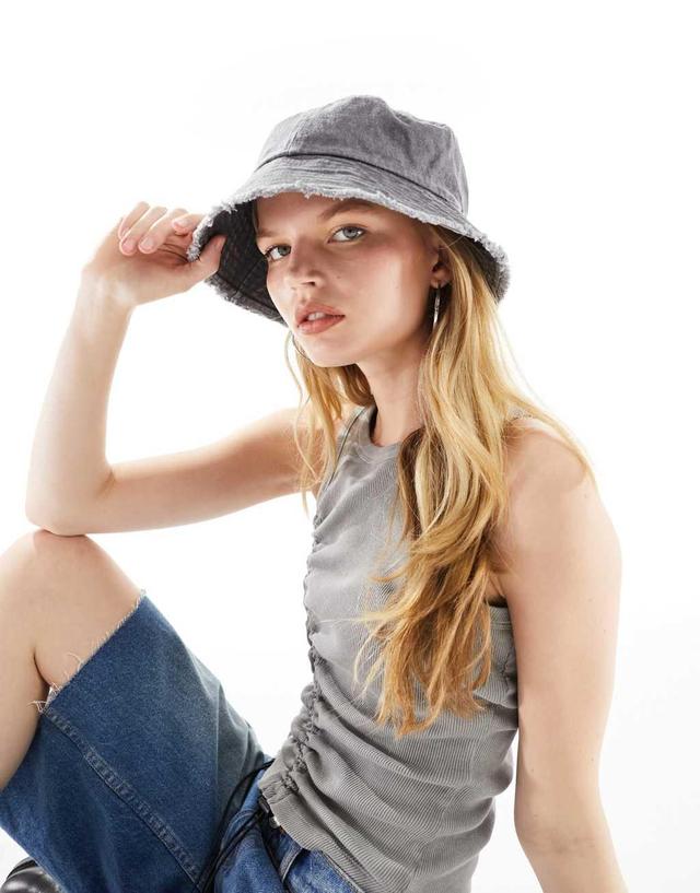 ASOS DESIGN bucket hat in washed black with raw edge Product Image